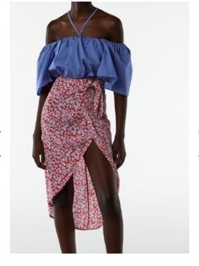 Zara Red and Blue Floral Wrap Midi Skirt